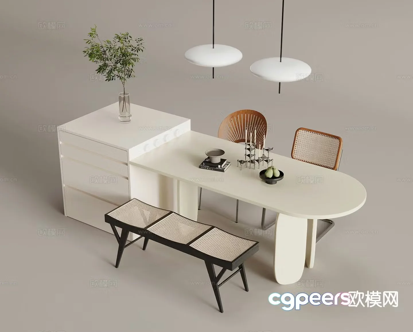 Cream style dining table and chairs island 3d model