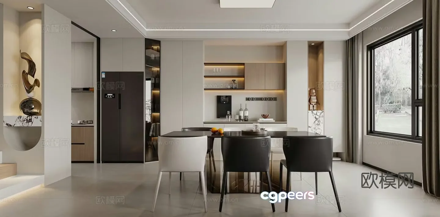 Modern restaurant Dining table Light luxury restaurant Wine cabinet Sweeping robot Simple modern living restaurant 3D model