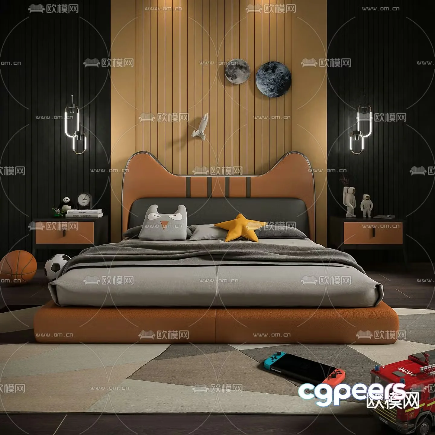 Modern leather cat ear children’s bed 3d model