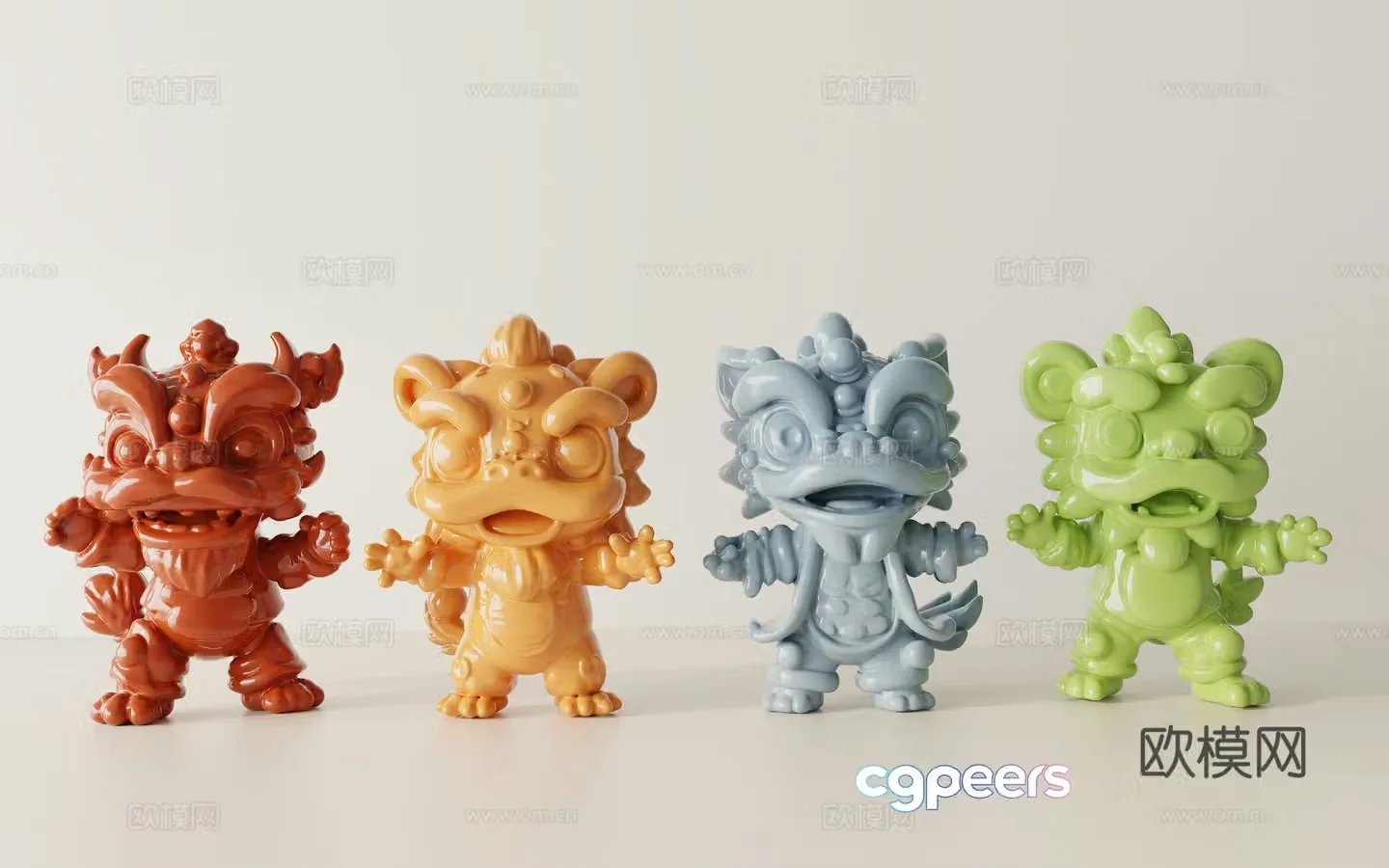 Modern cream ceramic ornaments Chinese mascot ornaments Lion dance ornaments Mascot 3d model