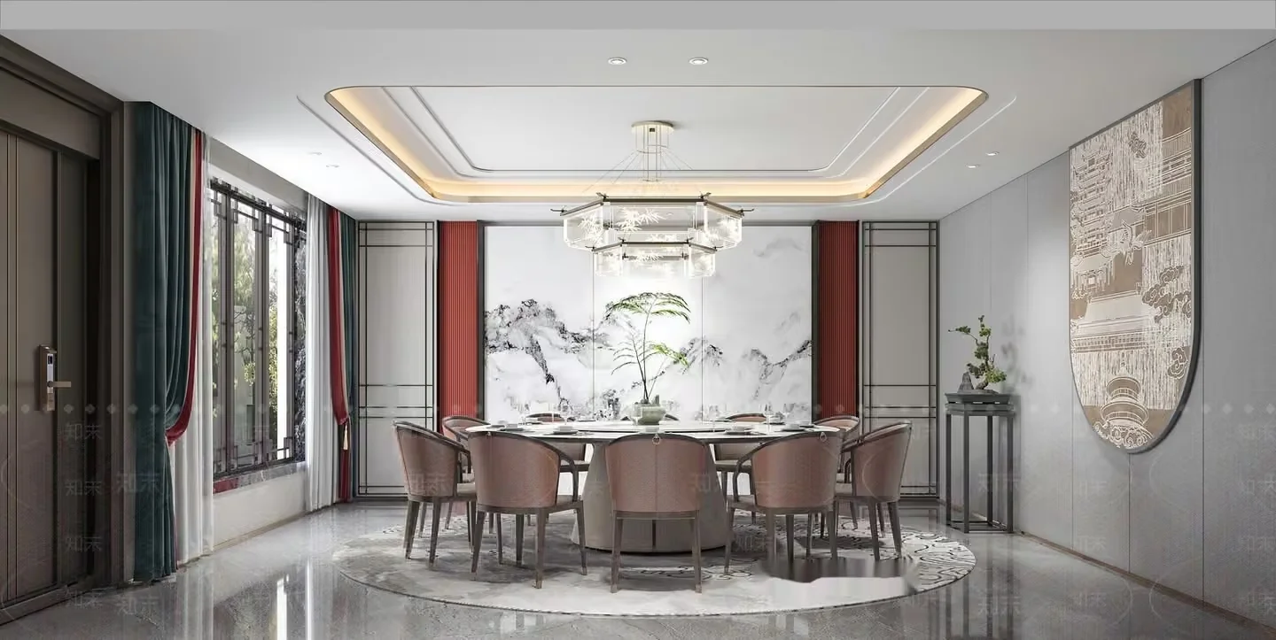 A Large Dining Room With A Round Table 3D Model – 12304 – CORONA Render