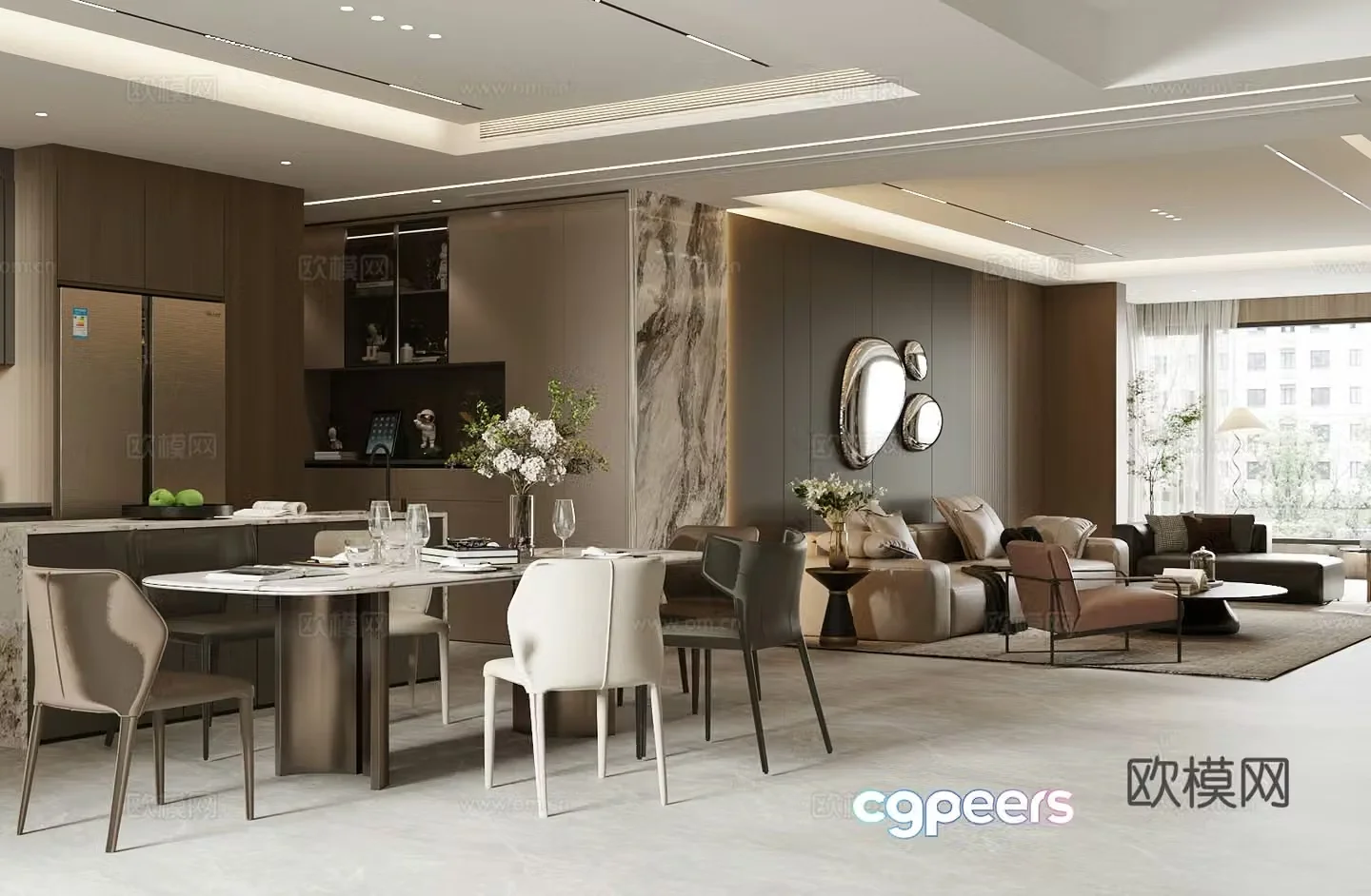 Light luxury Italian home living and dining room homeless lights modern living and dining room horizontal living and dining room 3D model