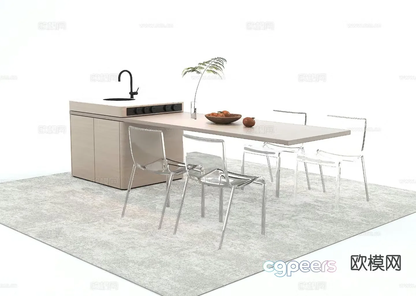 Island dining table and chairs solid wood dining table 3d model