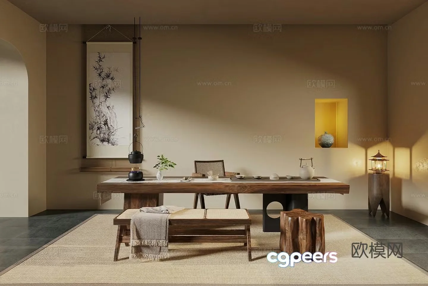 Middle-aged tea room tea tasting area Japanese tea room tatami tea room tatami tea table and chair tea leaves 3D model