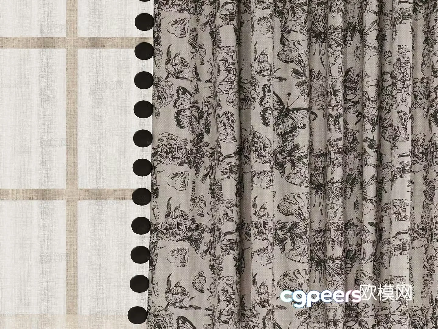 French curtains fabric gauze curtain floral curtain 3d model
