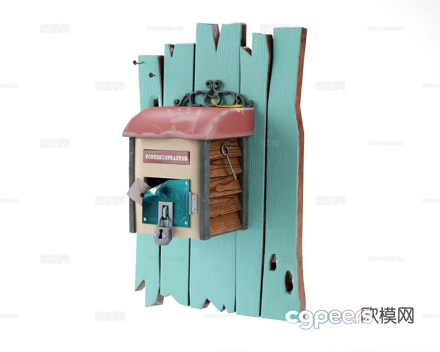 Cartoon mailbox Email Cartoon scene Low-faced mailbox Cartoon wooden board Key Lock 3d model