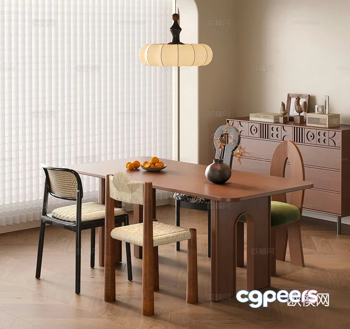Medium-old dining table and chairs Wavia round dining table and dining chair 3D model