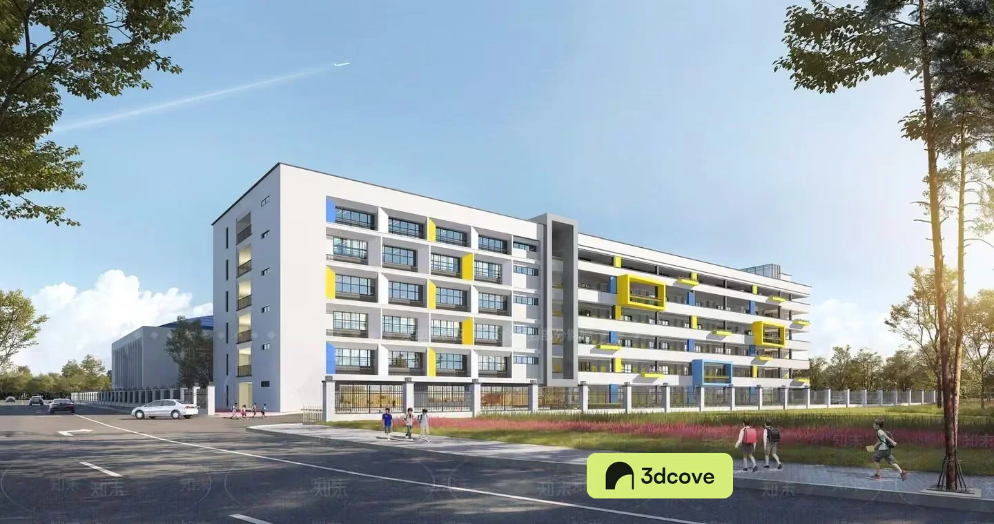 A Large White Building With Yellow Accents
