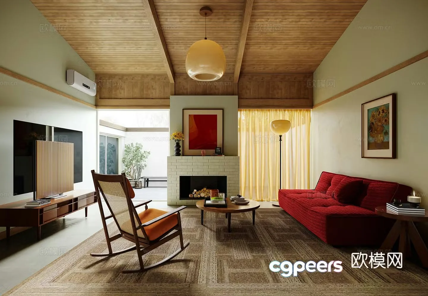Medium style log villa living room 3d model