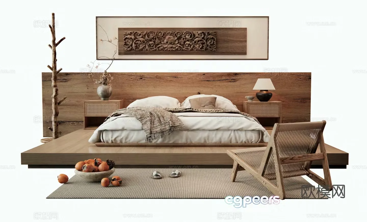 Wasabi Middle Style Bed and Bedroom Double Bed Wall Decoration Bedside Table Leisure Chair Vase Ornament 3D Model