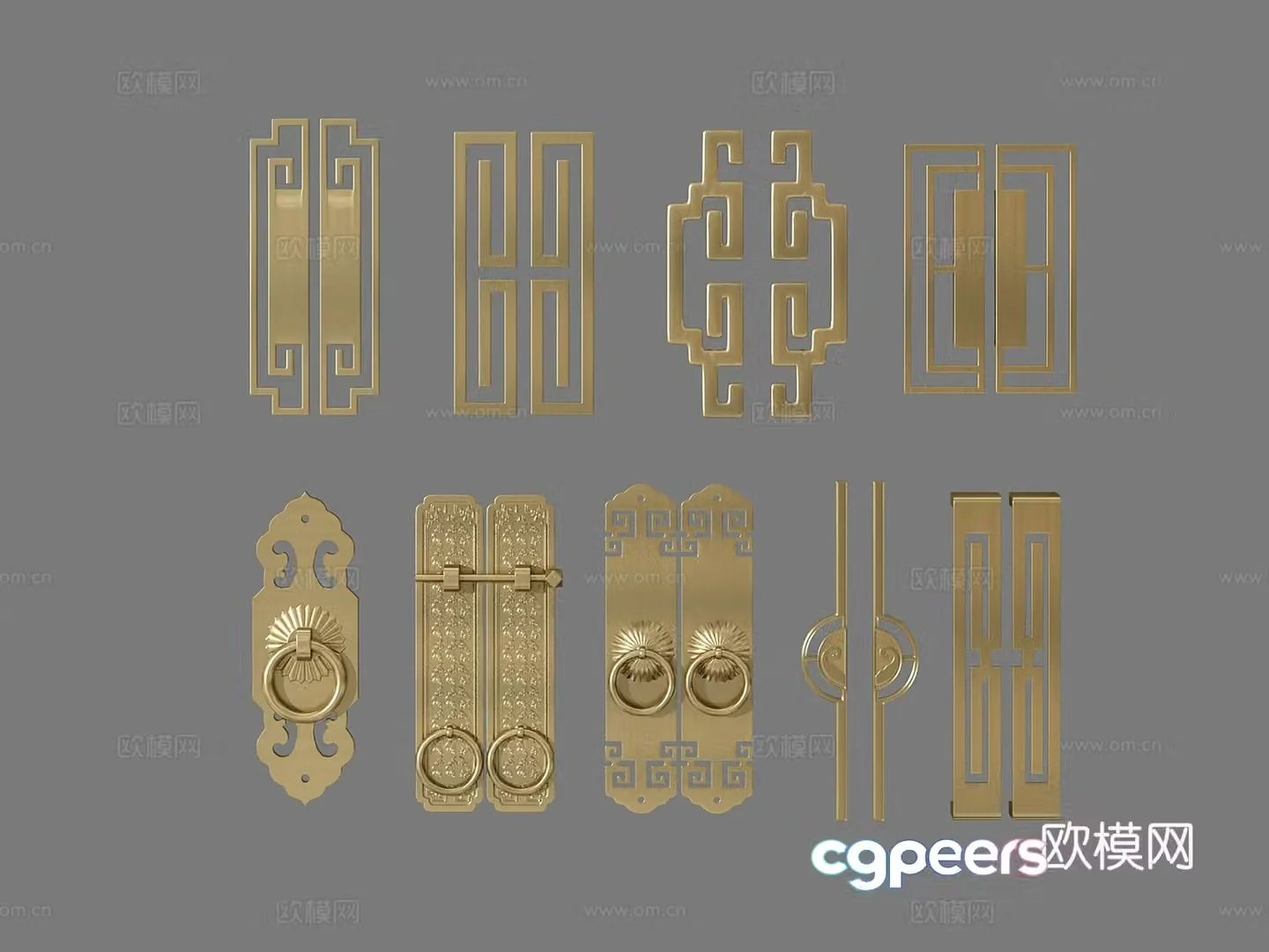 New Chinese style yellow bronze door handle retro handle 3D model