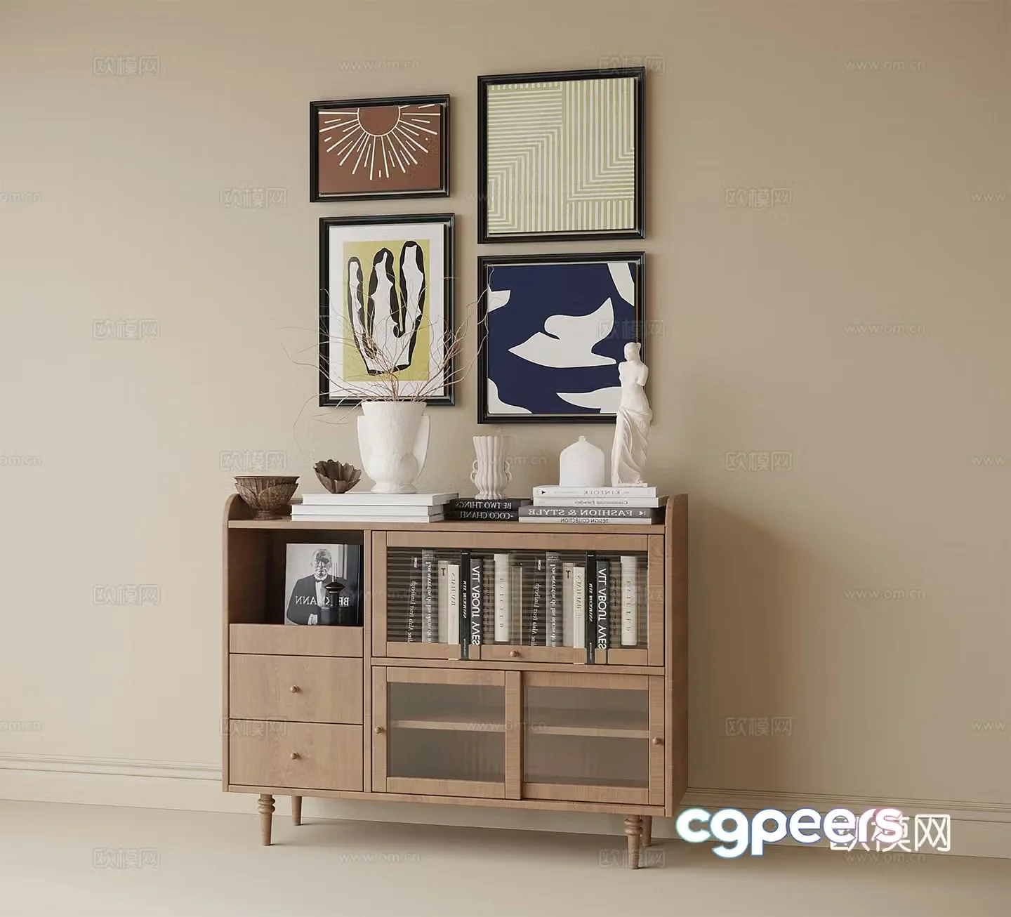 Modern side cabinet decorative cabinet hanging painting 3D model