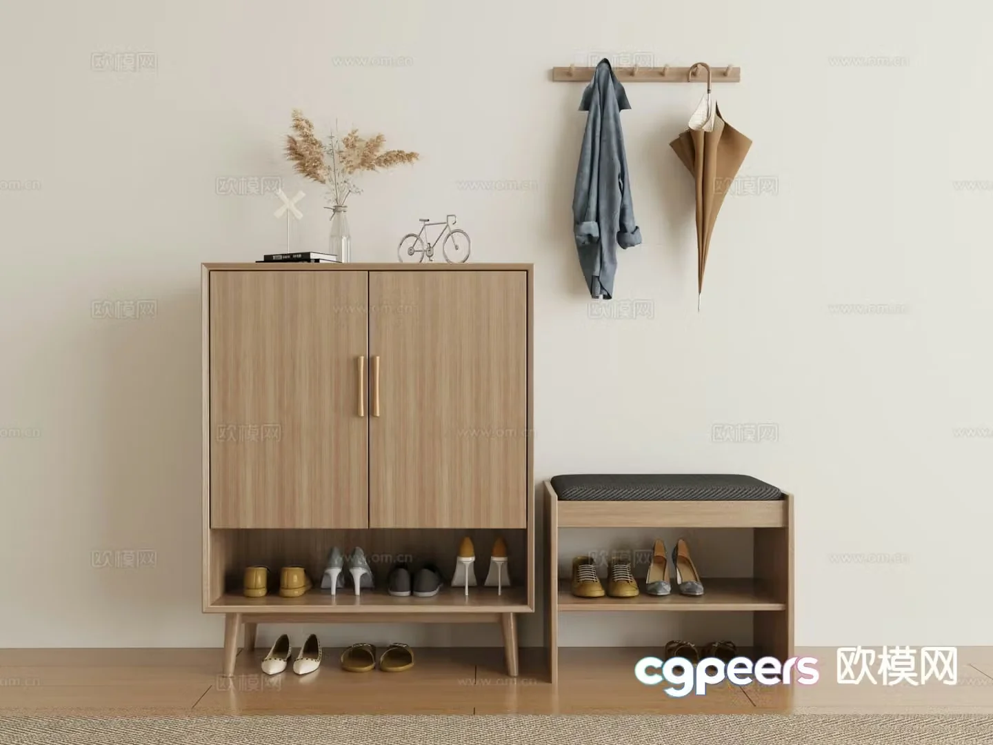 Nordic Entrance Shoe Cabinet Shoe Changing Stool 3D Model