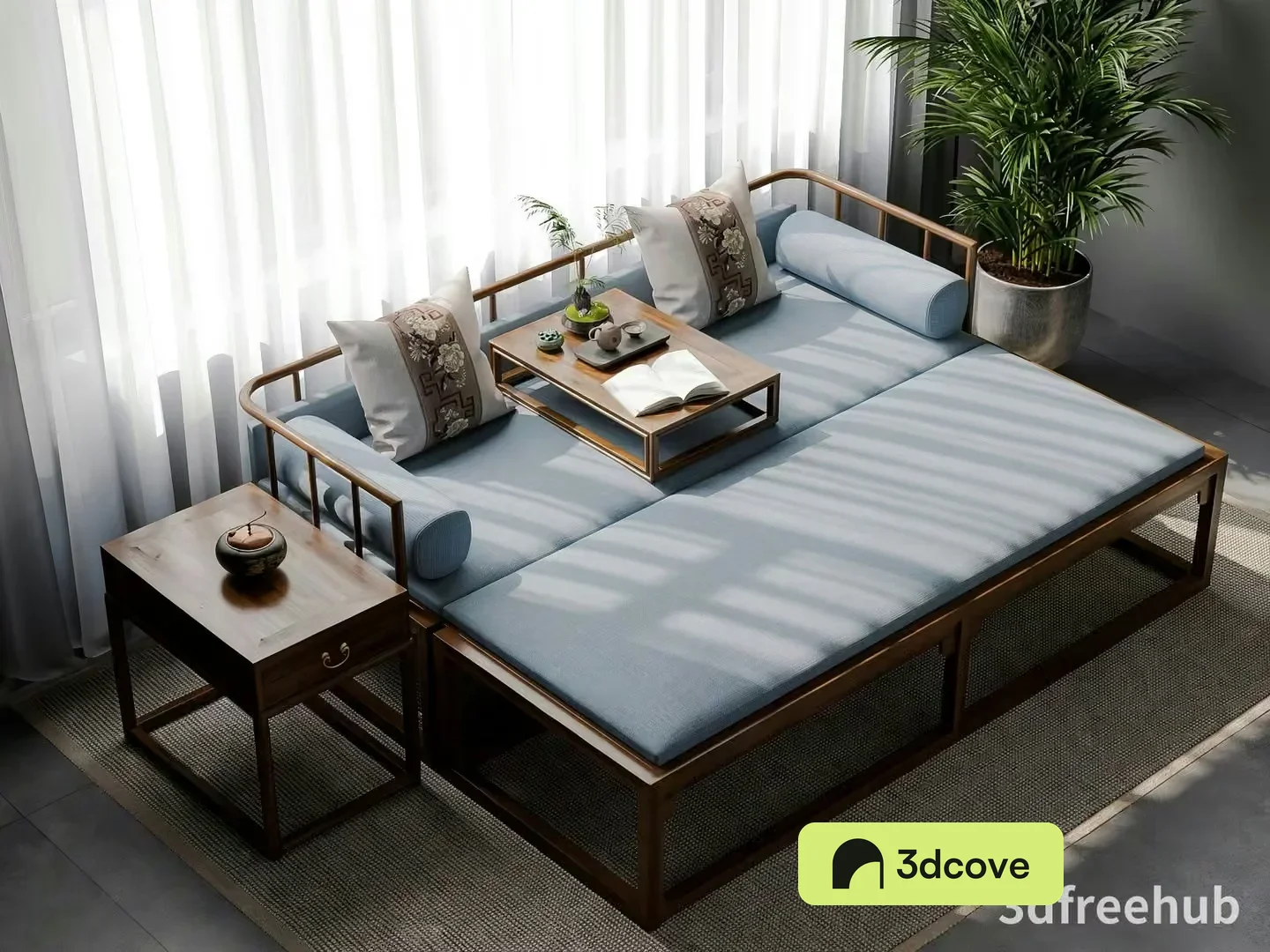 A Wooden Daybed With A Light Blue Cushion