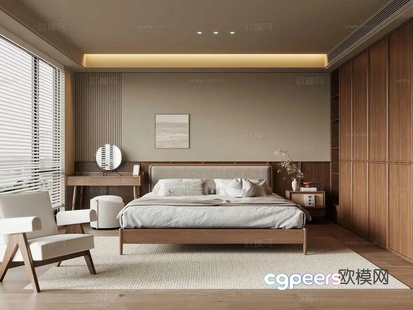 Middle style bedroom double bed wardrobe leisure chair 3d model