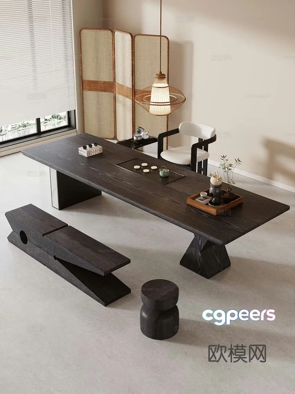 Creamy large plate table tea table and chair combination tea table tea table tea room tea table balcony tea table 3D model
