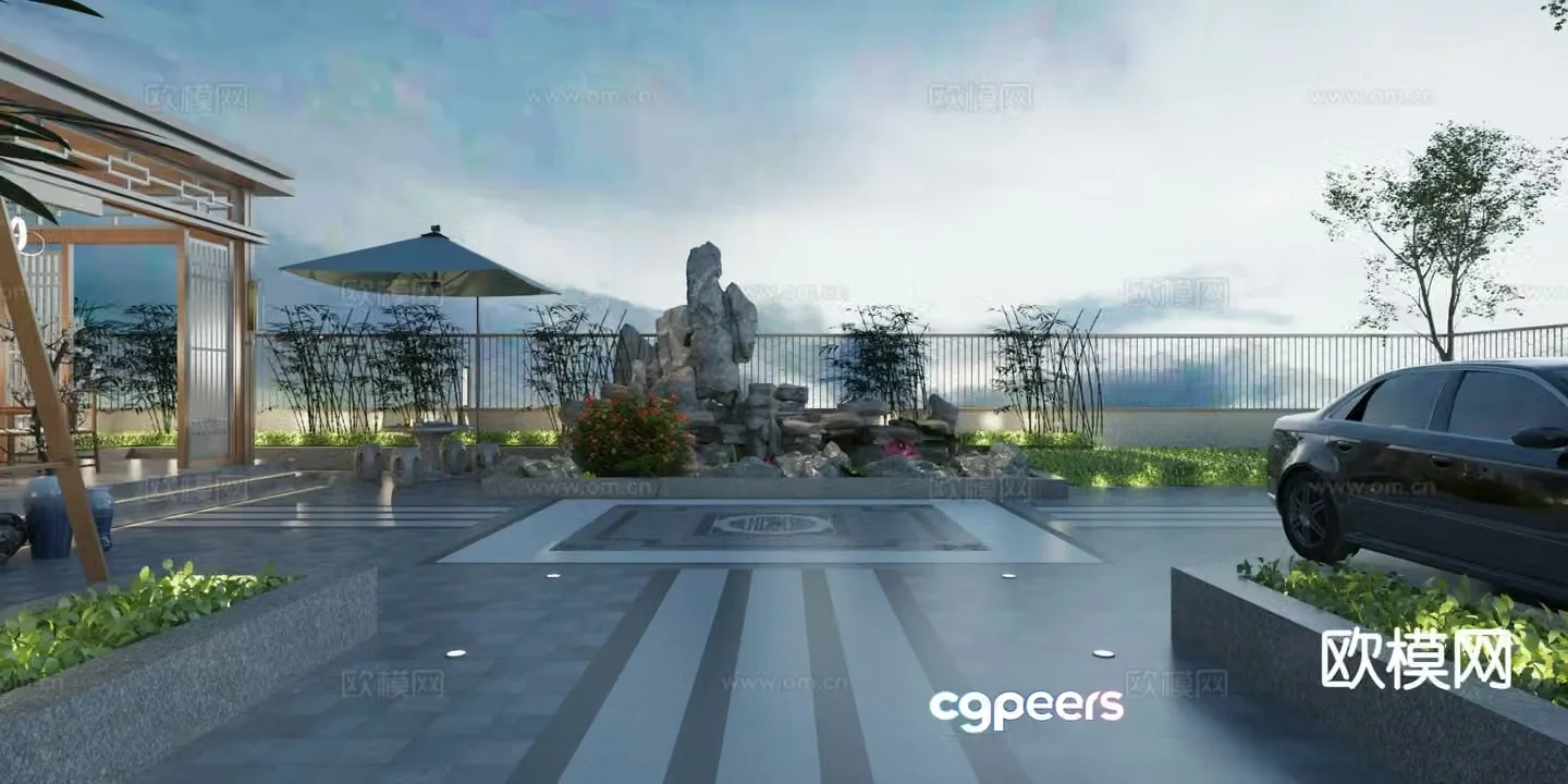 Courtyard landscape roof garden night view 3d model