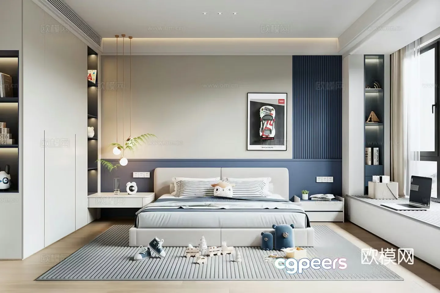 Modern children’s room children’s bed children’s wardrobe decorative painting bedside table small chandelier 3d model