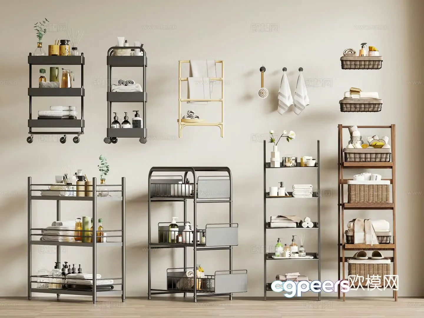 Modern storage rack Bathroom storage rack Trolley Towel rack Dirty clothing basket 3D model