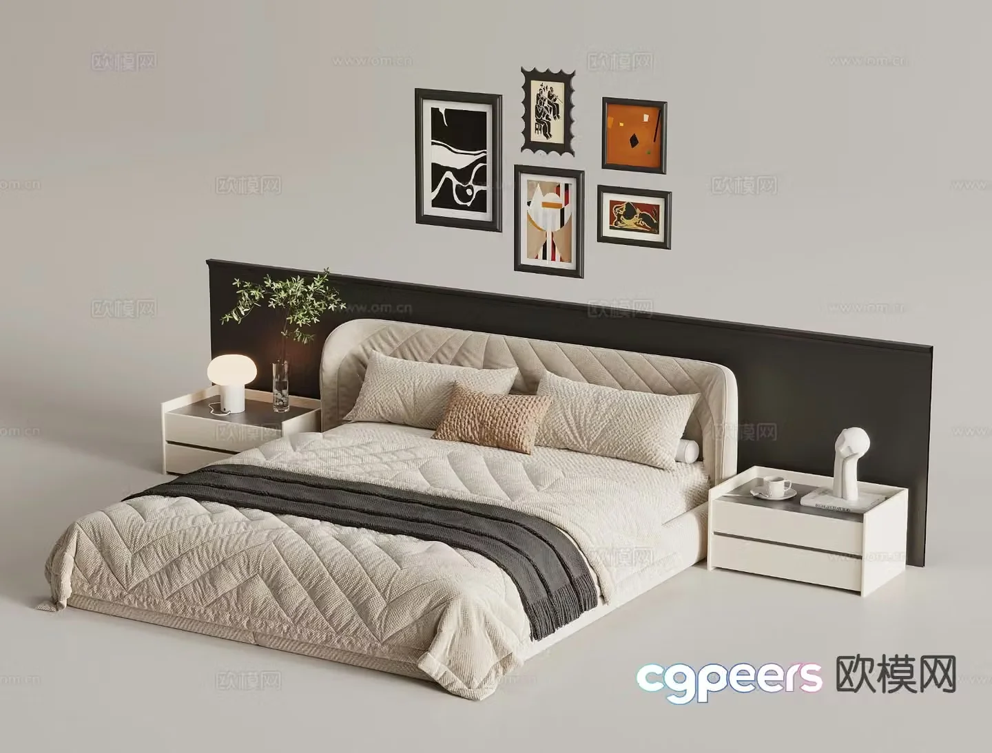 French double bed bedside table 3d model