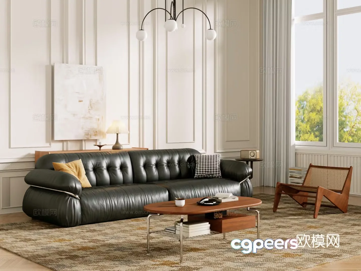 Middle-aged sofa combination coffee table carpet multi-person sofa 3D model