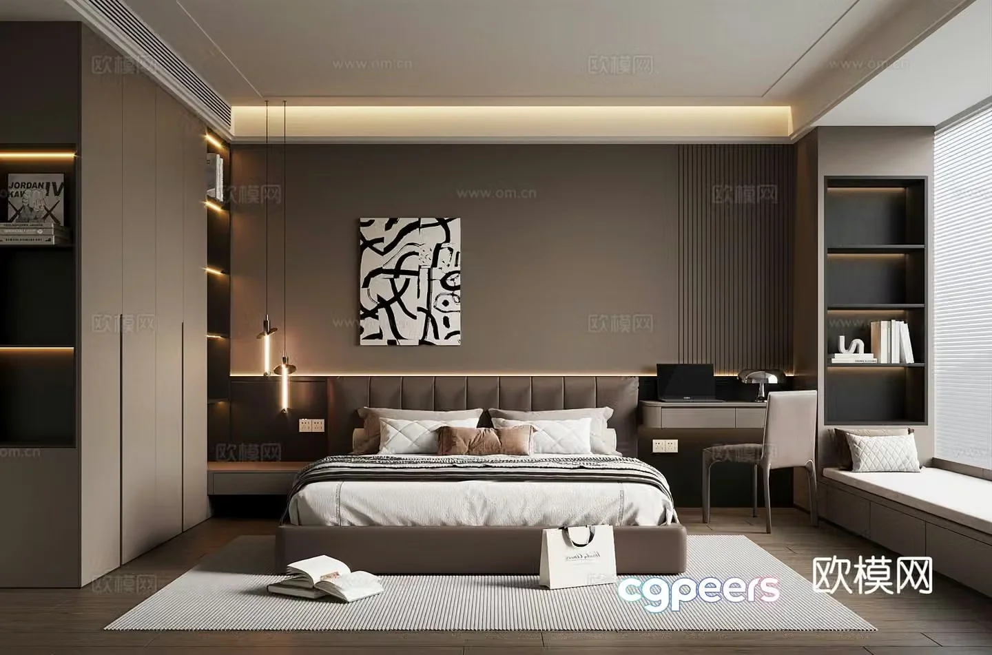Italian bedroom bay window desk wardrobe 3d model