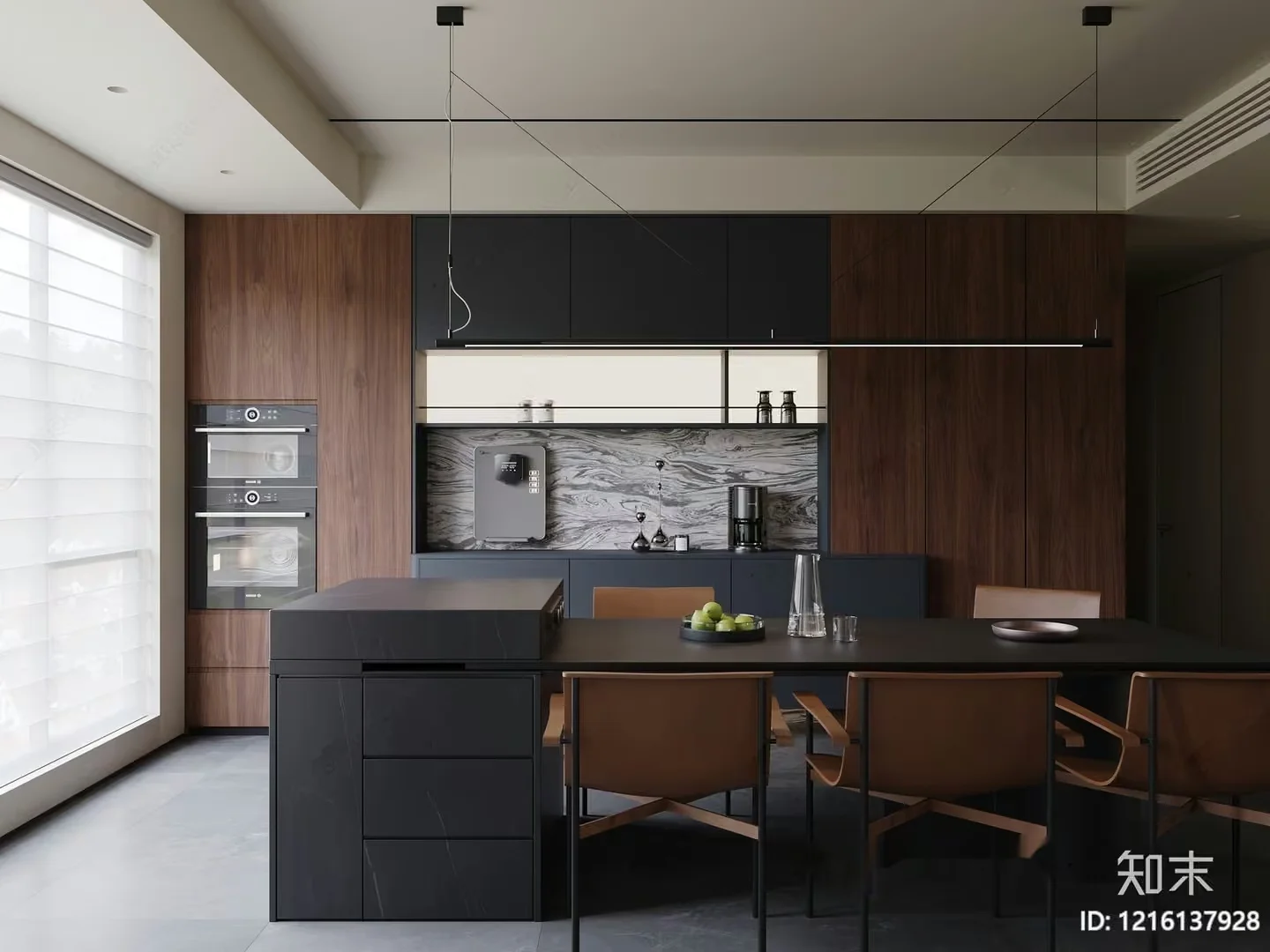 A Modern Kitchen With A Large Dining Table 3D Model – 13906 – VRAY Render