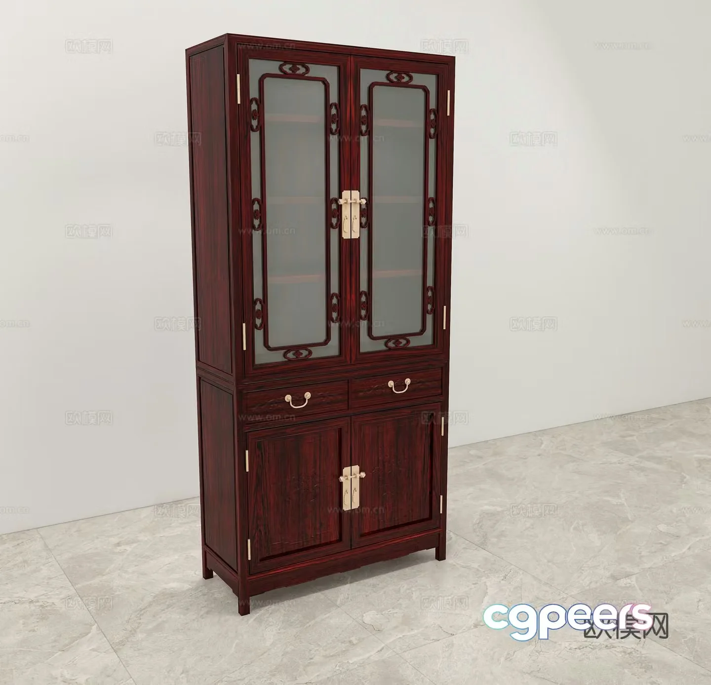Chinese bookcase carved cabinet door solid wood mahogany 3D model