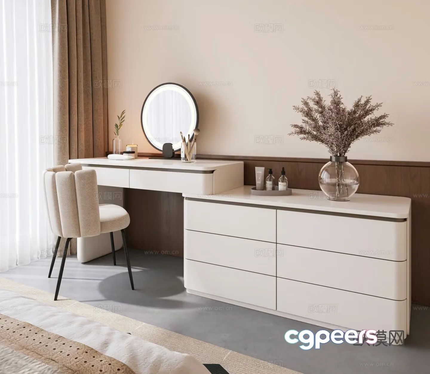 Modern dressing table cream dressing table makeup stool cosmetic combination single chair dressing table mirror 3d model