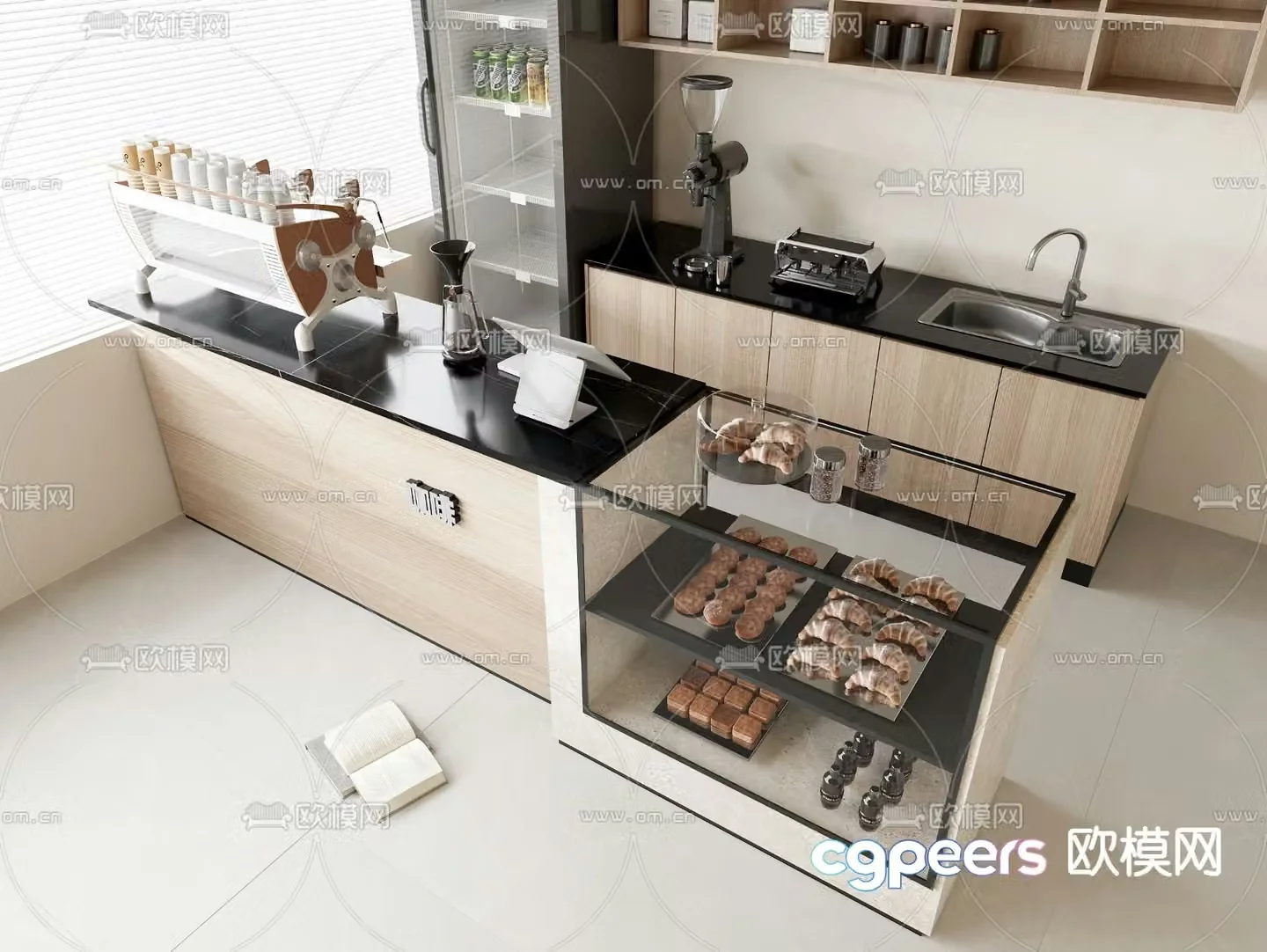 Coffee shop operation table cashier counter bakery cabinet 3D model