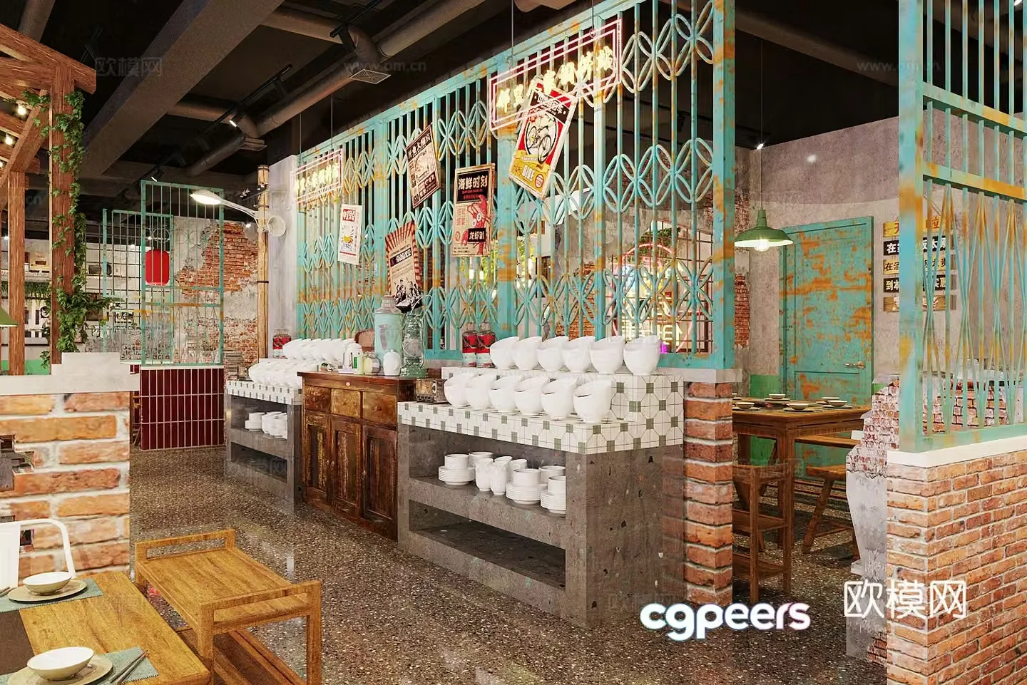 New Chinese hot pot restaurant barbecue barbecue restaurant chicken pot restaurant hot pot restaurant table and chairs hot pot restaurant tableware 3D model