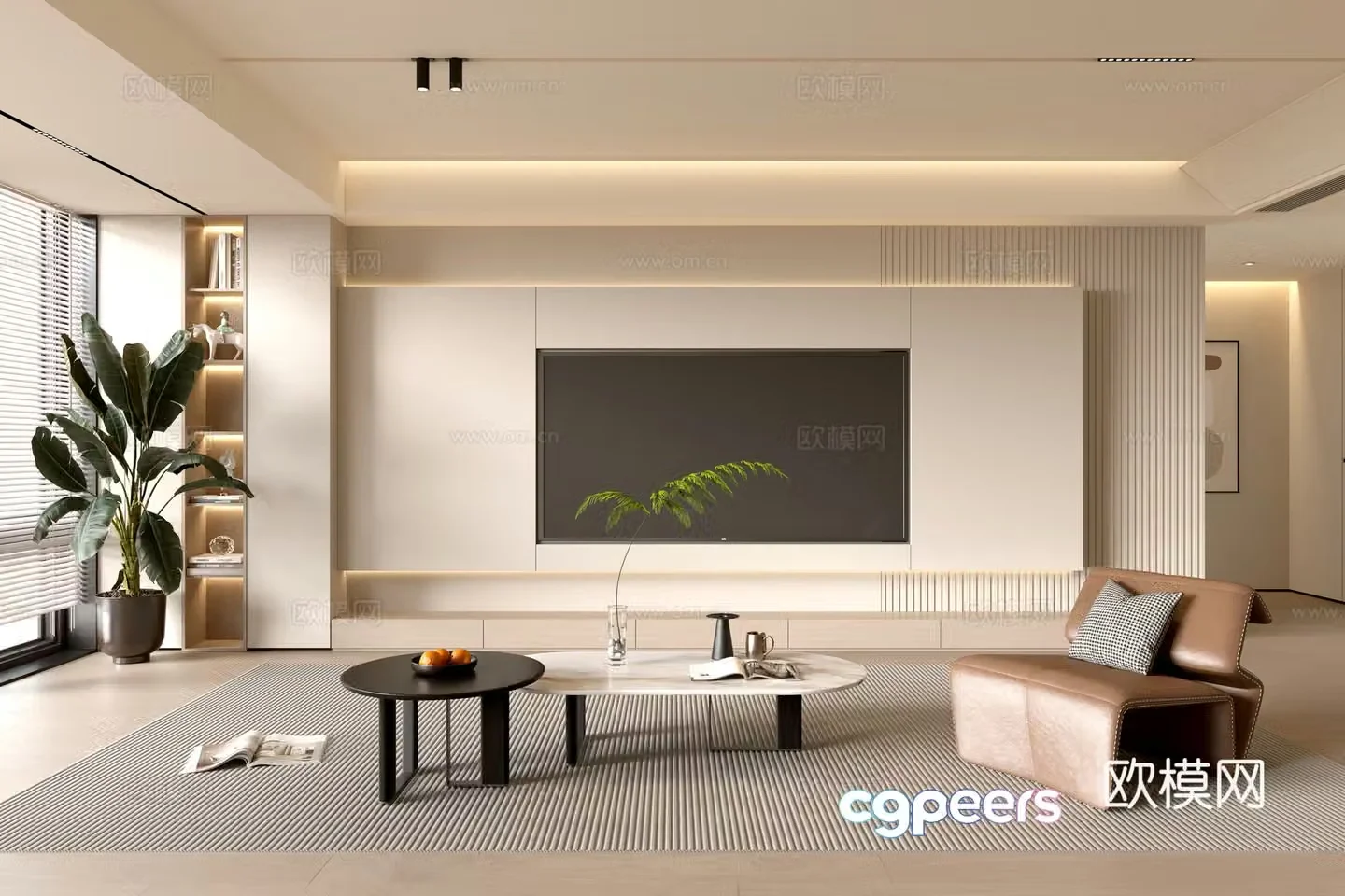 Modern simple living room balcony cabinet sofa combination coffee table TV background wall 3d model