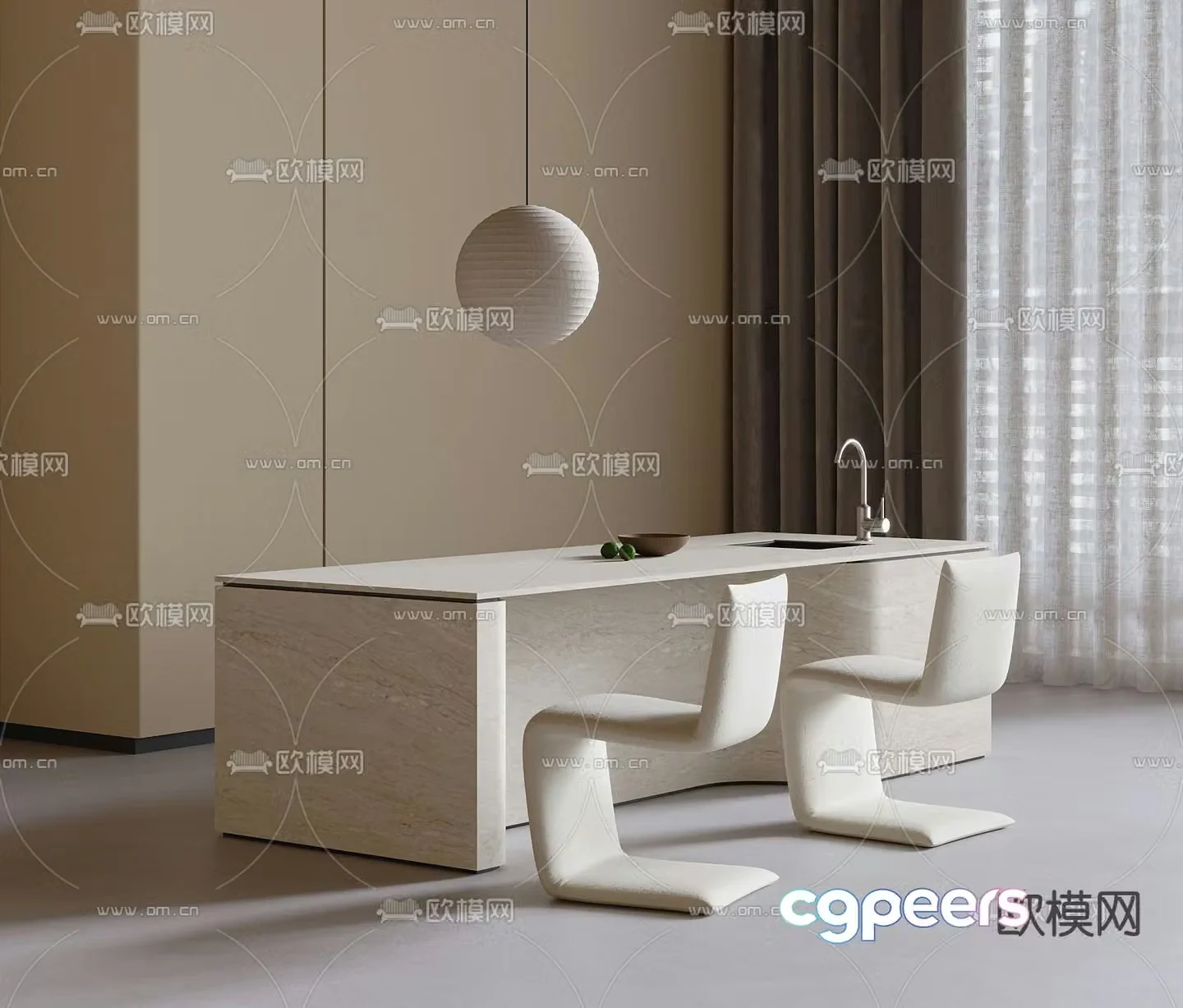 Island dining table and chairs 3d model