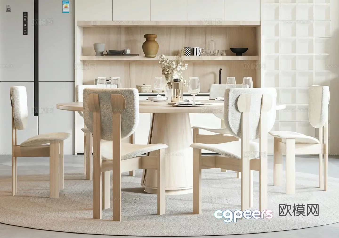 Cream style dining table and chairs round dining table 3d model
