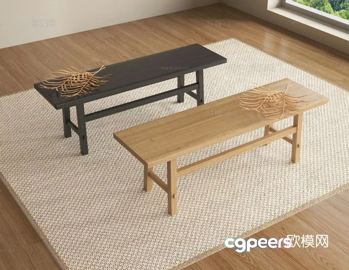 Long bench low stool shoe changing stool wooden bench 3D model