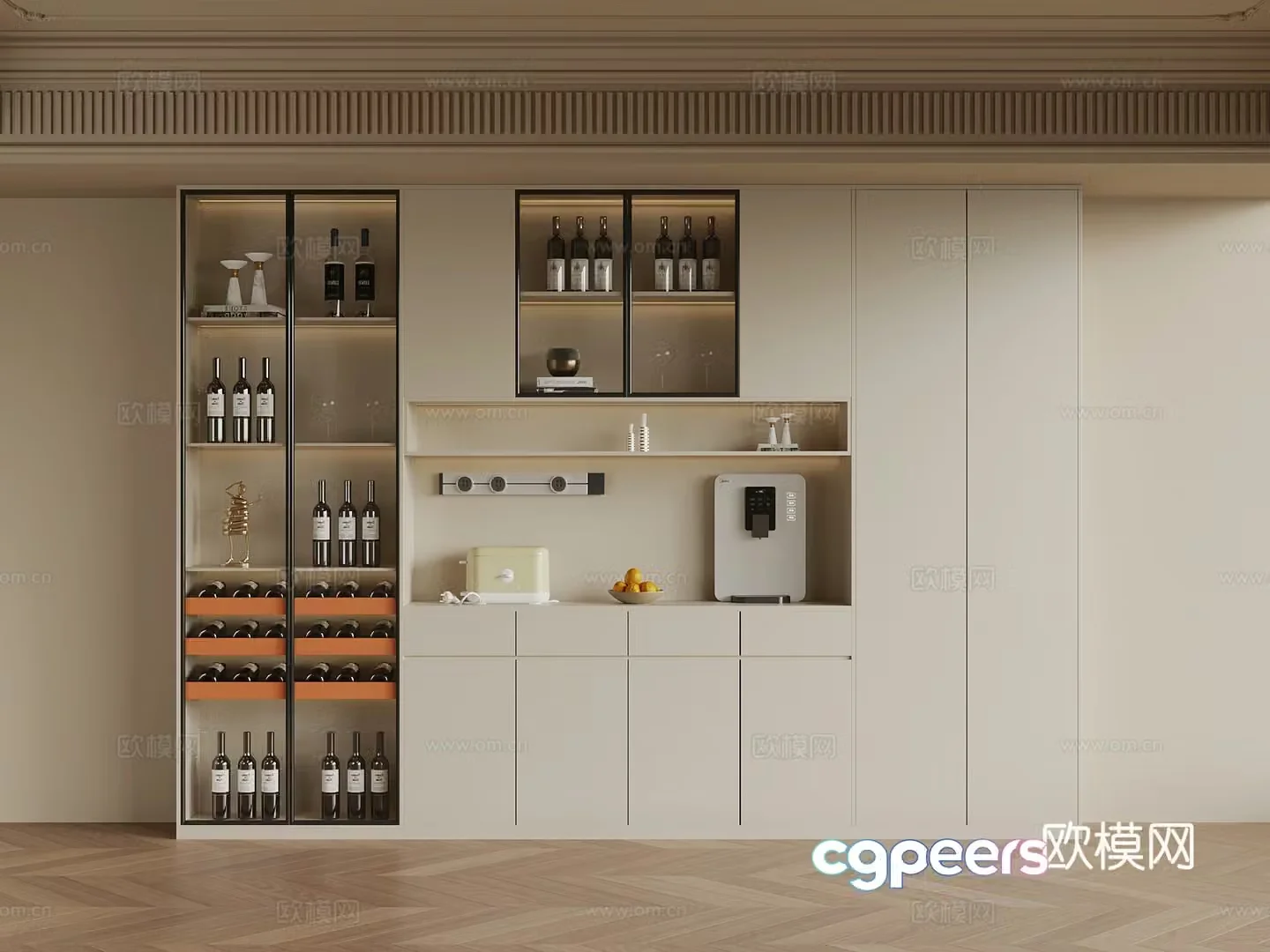 01 Creamy Style Sideboard Wine Cabinet 3D Model