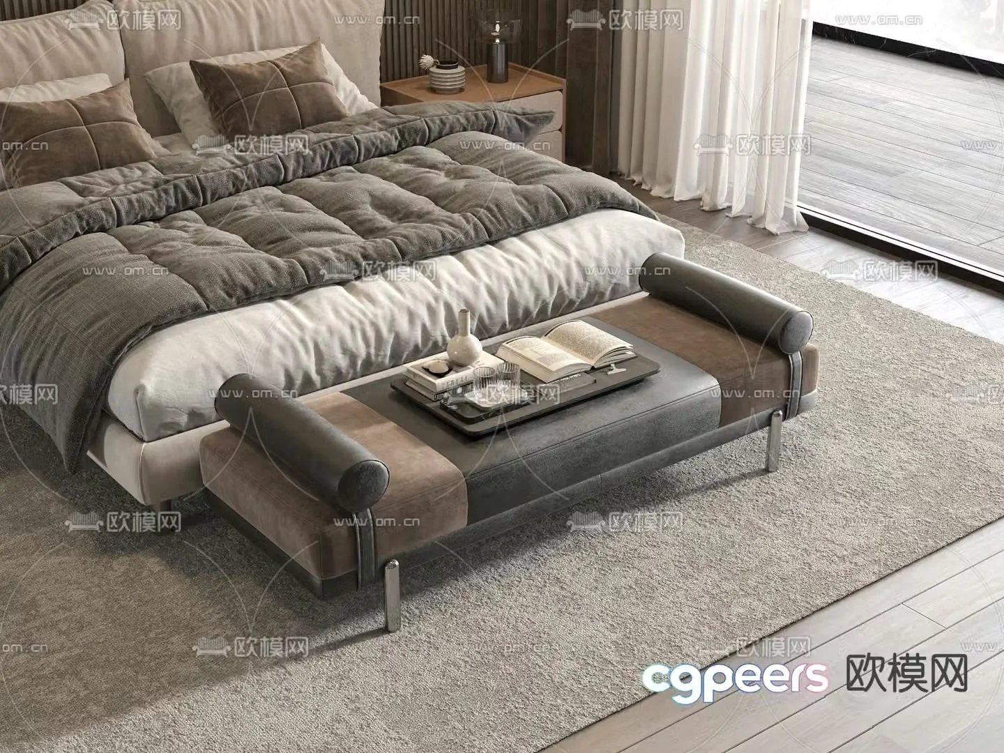 Modern bed end stool footrest 3d model