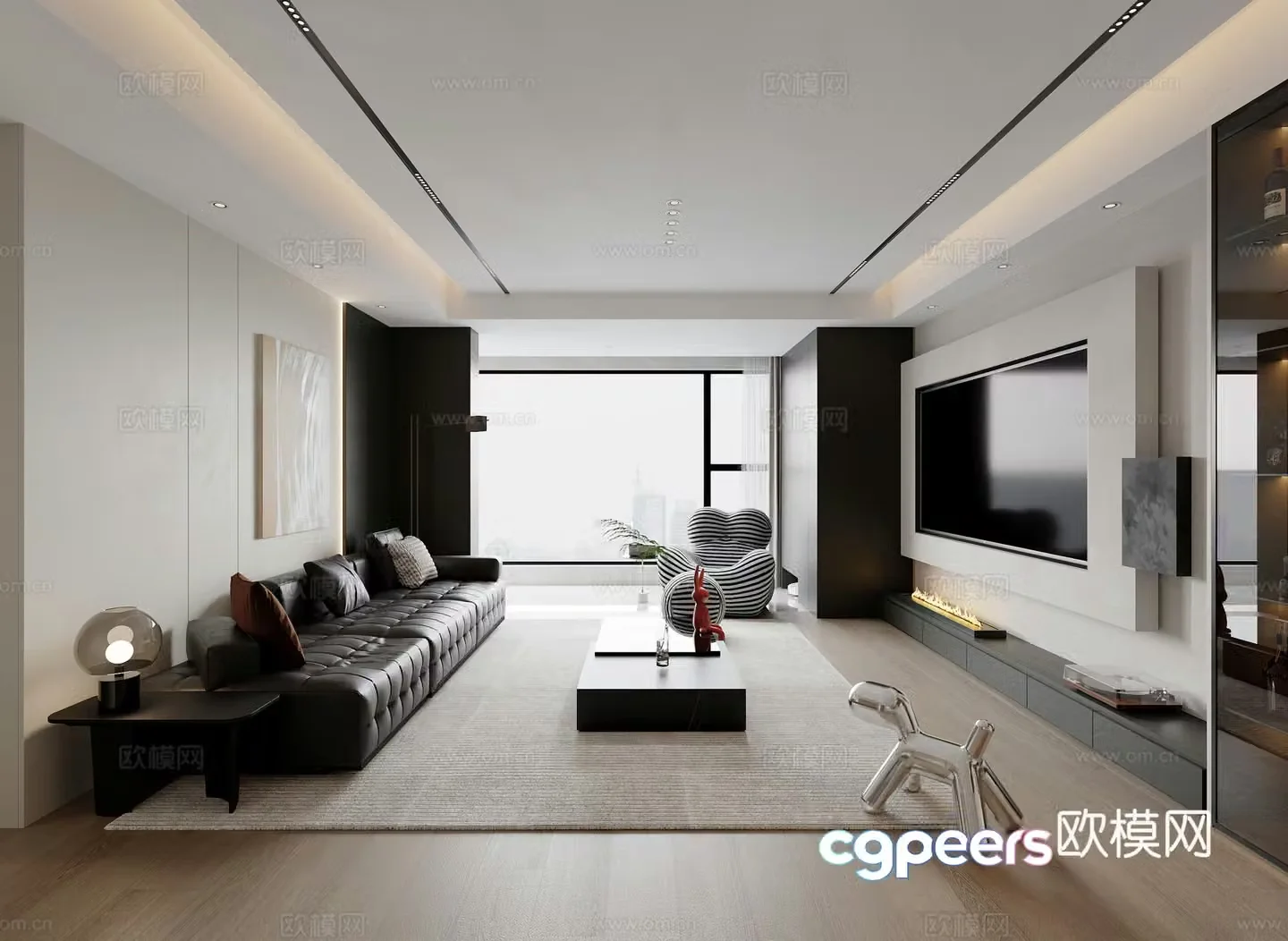 Modern Italian black white and gray living and dining room kitchen 3d model