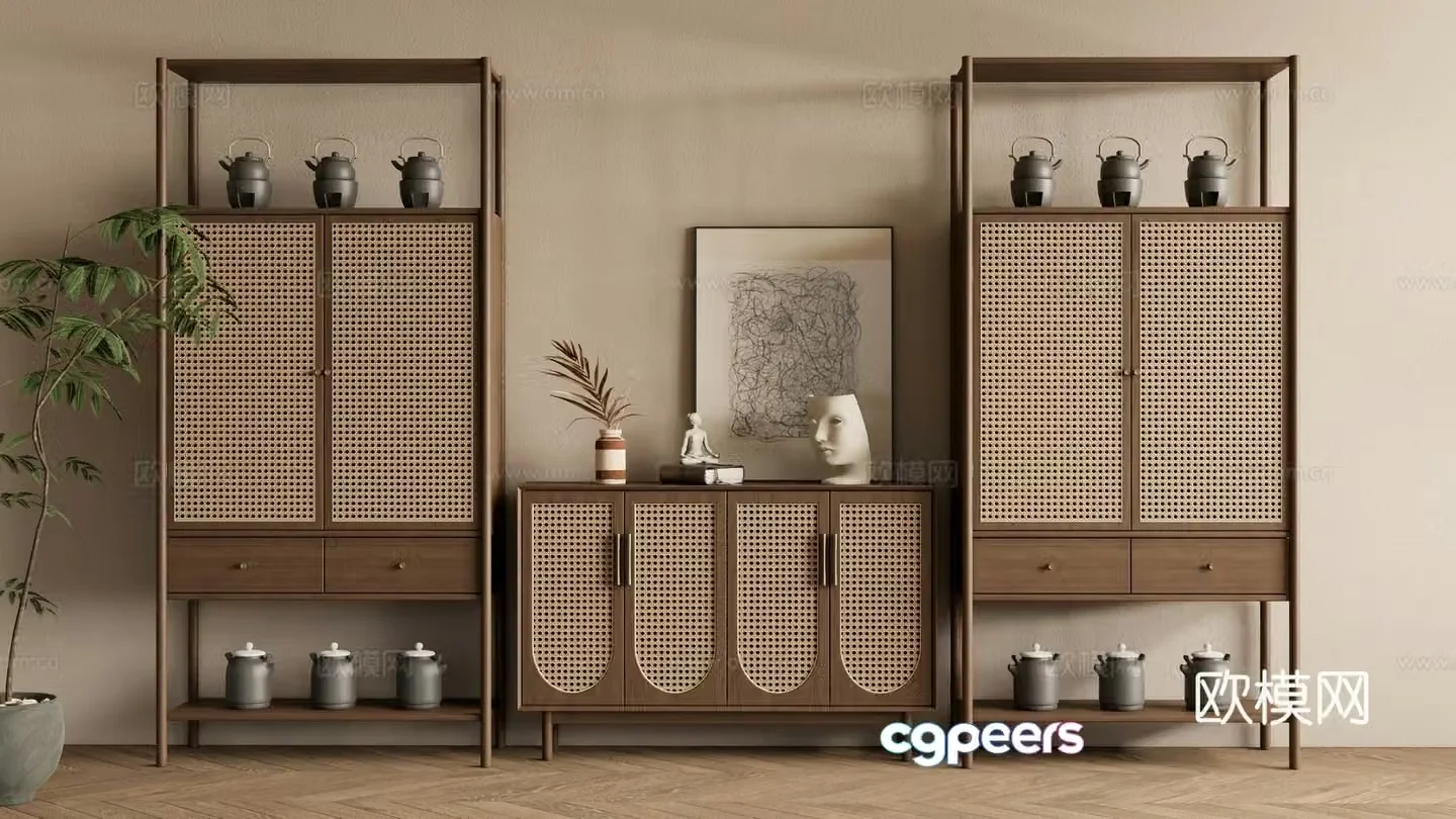New Chinese style Zen archaeological shelf entrance cabinet rattan cabinet 3D model
