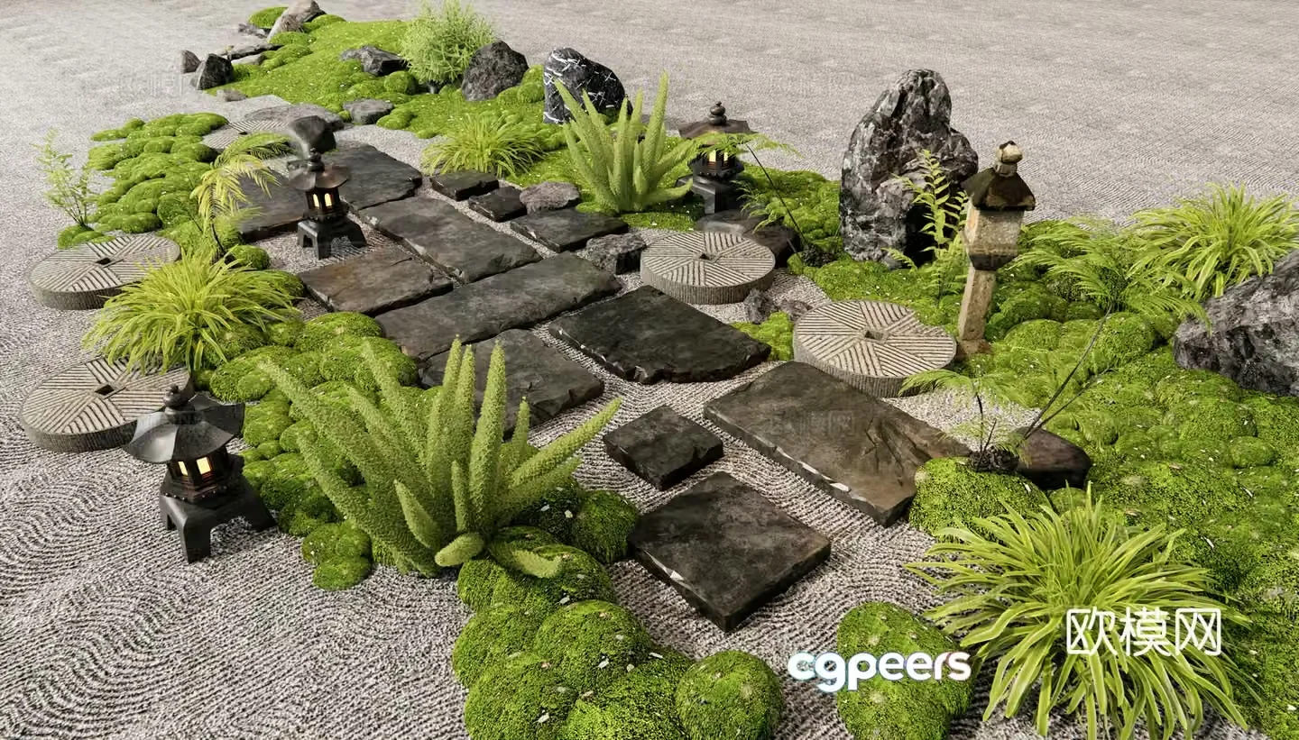 New Chinese style tread bryophyte landscape garden sketch micro terrain landscape stone 3d model