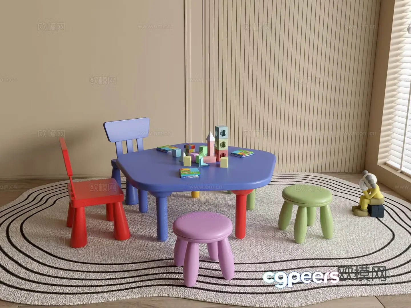 Modern kindergarten table and chairs kindergarten toys child seat combination children’s handmade table cartoon table 3d model