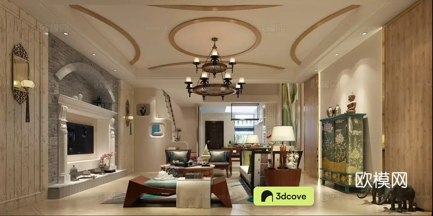 Southeast Asian living restaurant dining table and chair chandeliers hanging painting