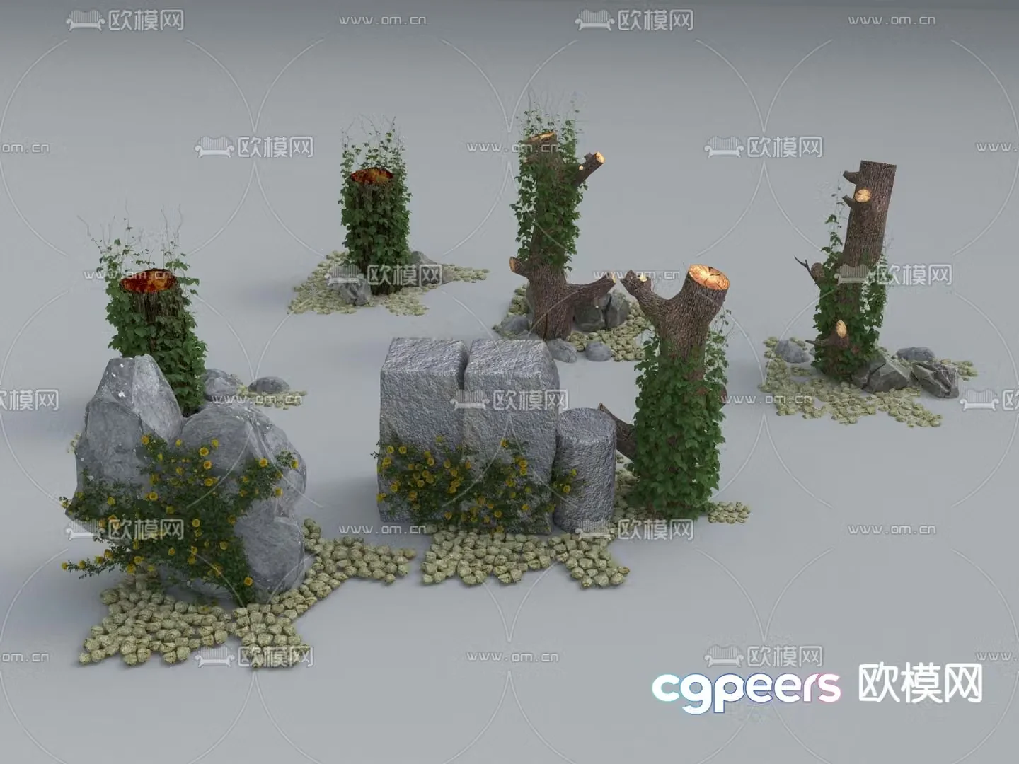Landscape stones stones tree stumps wooden stumps 3d model