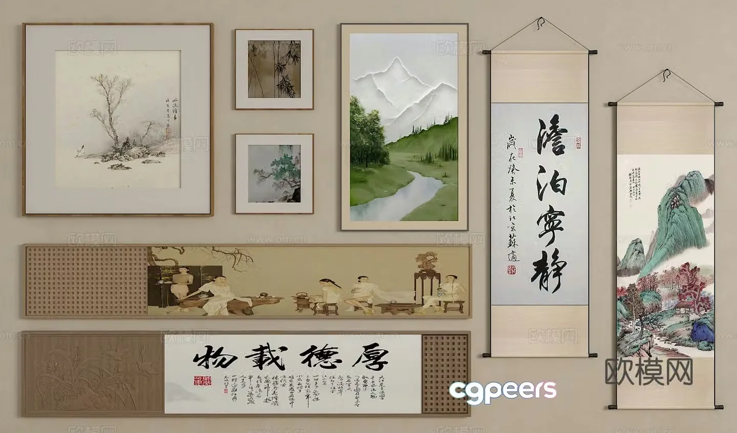 New Chinese style hanging paintings Song’s medieval style hanging paintings Long strip hanging paintings Horizontal hanging paintings Hanging painting combination 3D model