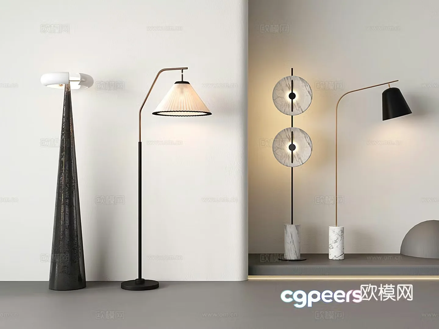 Modern floor lamp pleated fabric vertical aura lamp marble metal conical vertical lamp 3D model