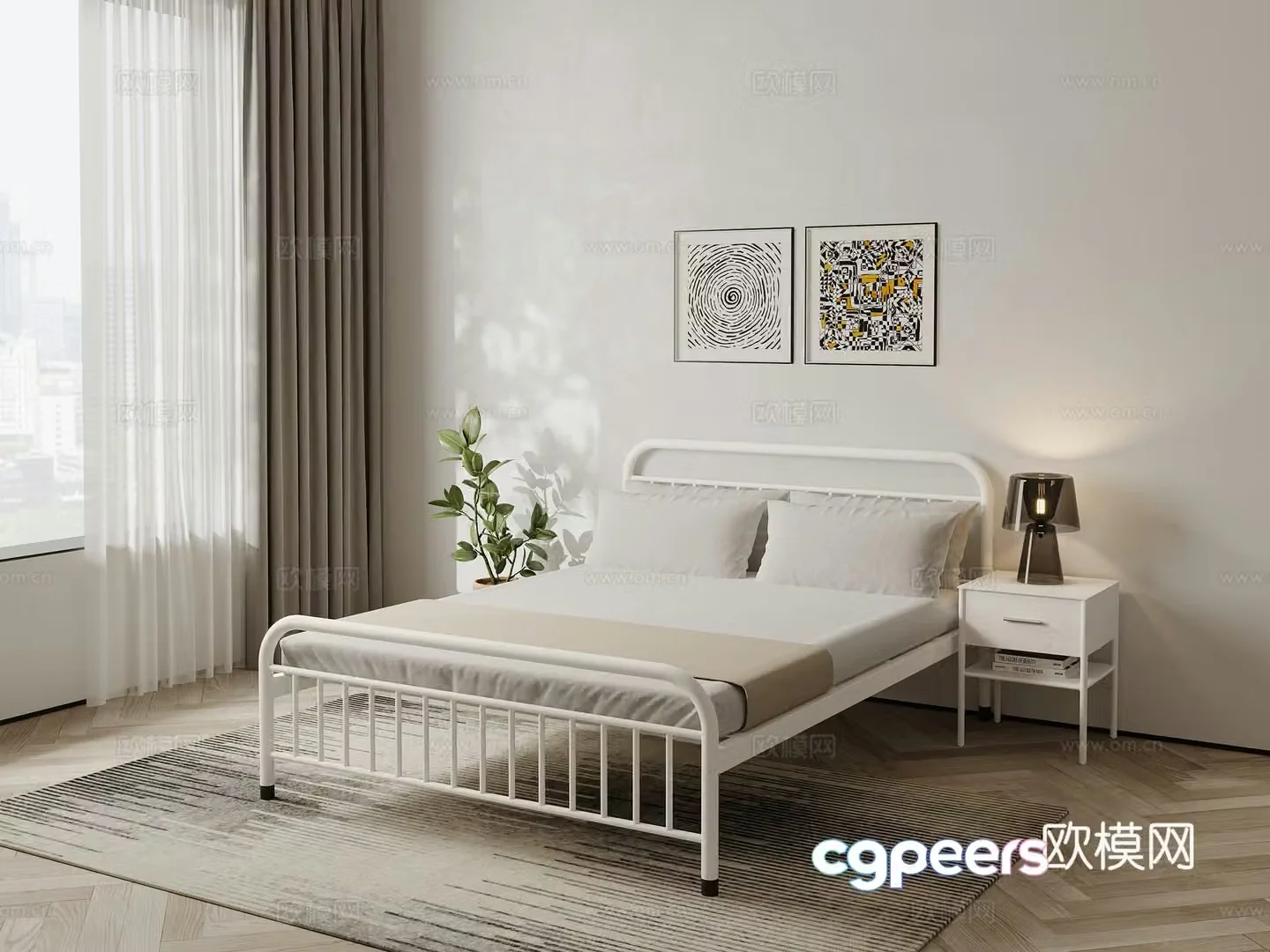 Modern double bed iron frame bed 3d model