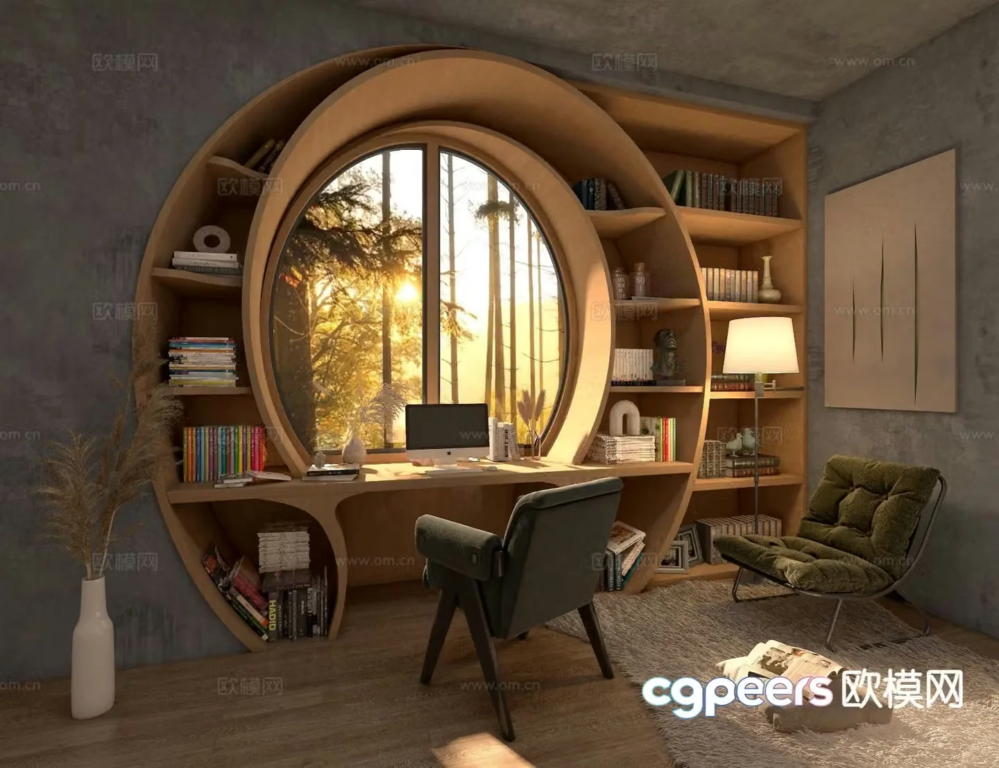 Log style wooden house study room 3d model
