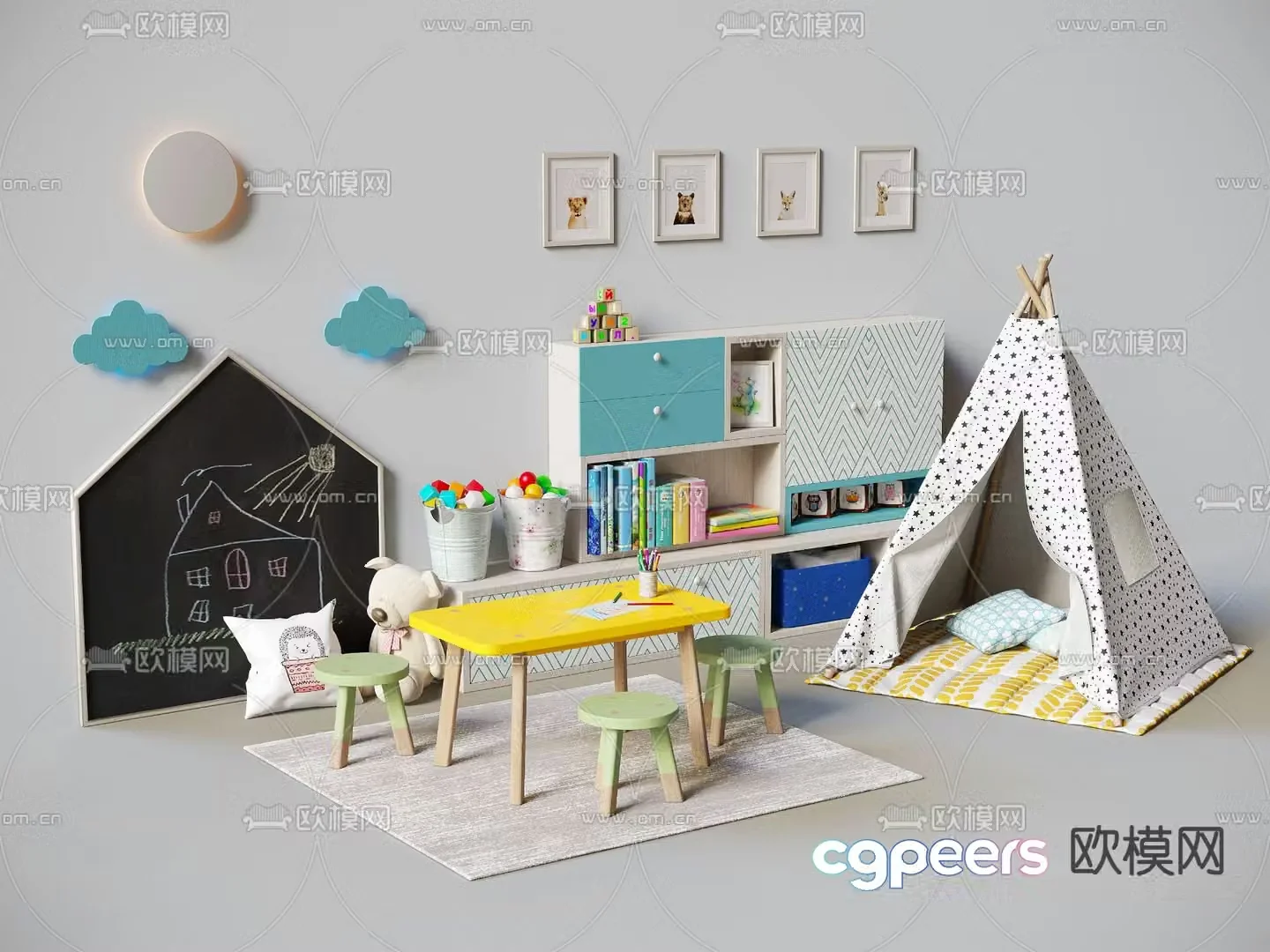 Nordic children’s table and chairs tent children’s cabinet 3d model