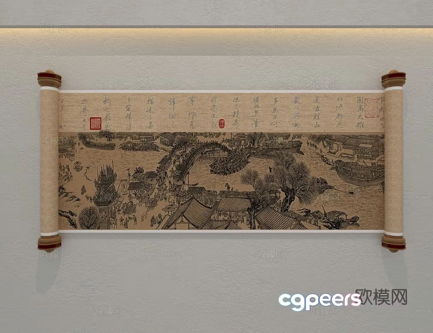 New Chinese architectural painting scroll Zen painting 3D model