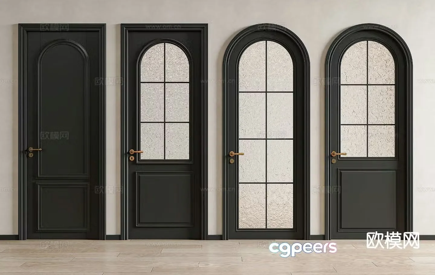French door arch frosted glass door swing door 3d model